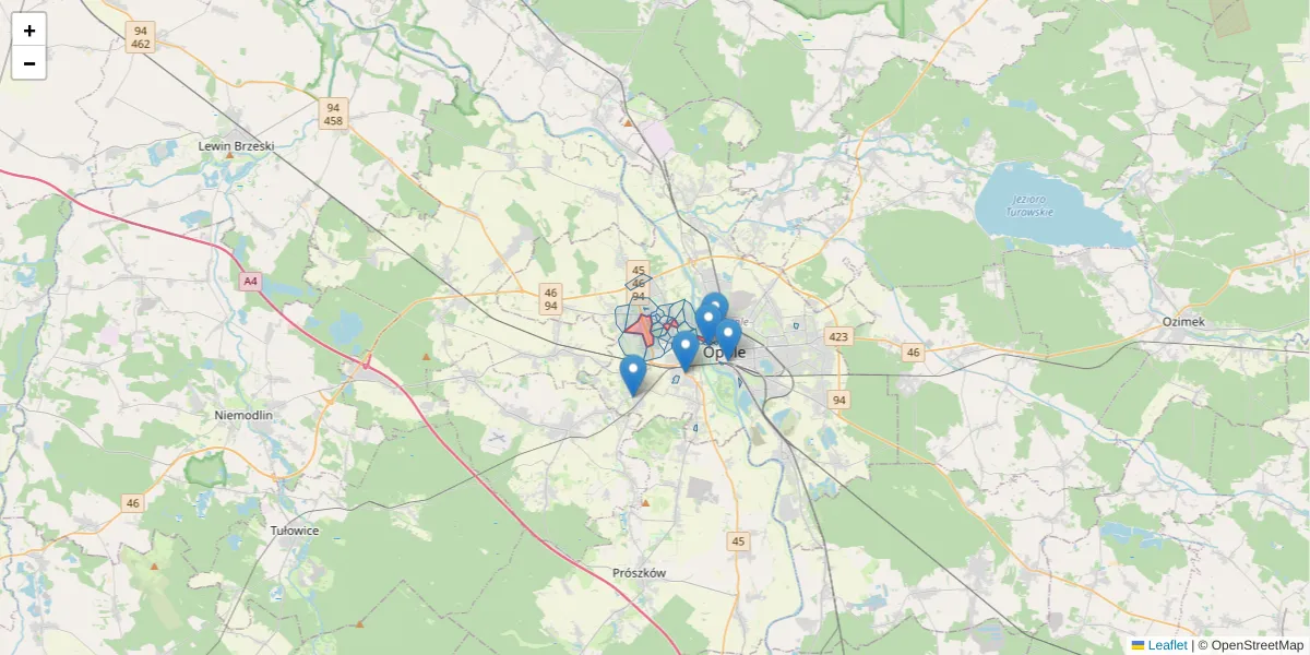 Szczegółowa mapa kodu pocztowego 45-837 z granicami, sąsiednimi kodami pocztowymi i urzędami pocztowymi