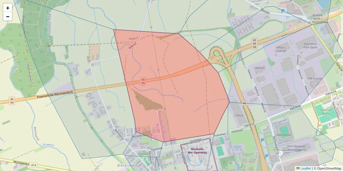 Szczegółowa mapa kodu pocztowego 45-842 z granicami, sąsiednimi kodami pocztowymi i urzędami pocztowymi
