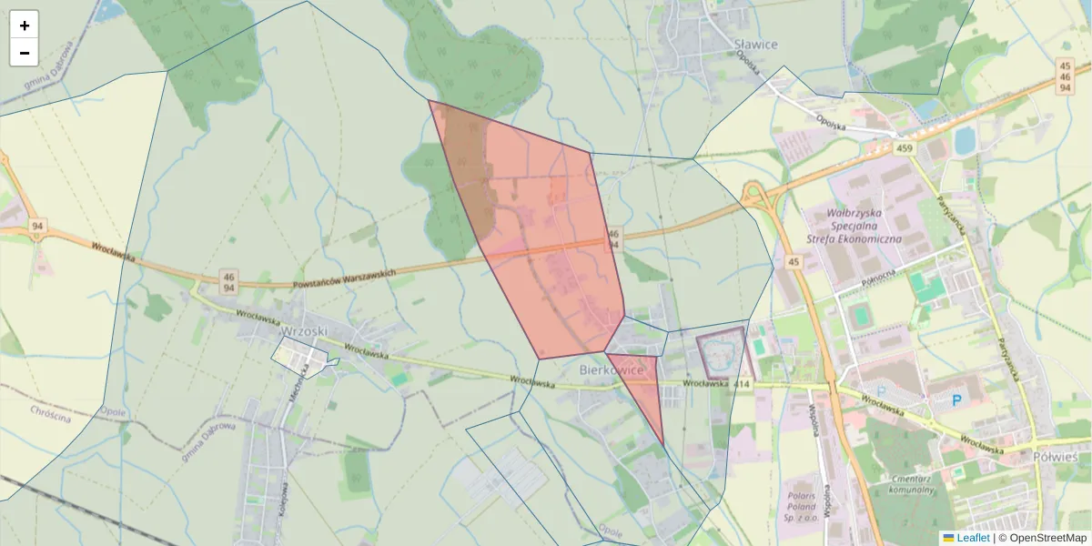 Szczegółowa mapa kodu pocztowego 45-843 z granicami, sąsiednimi kodami pocztowymi i urzędami pocztowymi