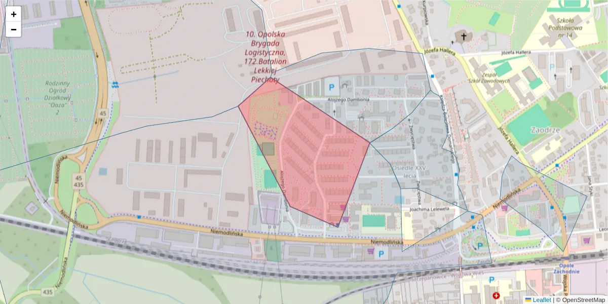 Szczegółowa mapa kodu pocztowego 45-860 z granicami, sąsiednimi kodami pocztowymi i urzędami pocztowymi
