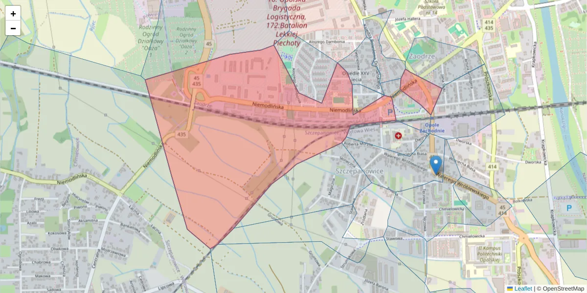 Szczegółowa mapa kodu pocztowego 45-864 z granicami, sąsiednimi kodami pocztowymi i urzędami pocztowymi