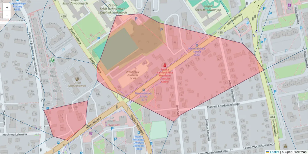 Szczegółowa mapa kodu pocztowego 45-865 z granicami, sąsiednimi kodami pocztowymi i urzędami pocztowymi