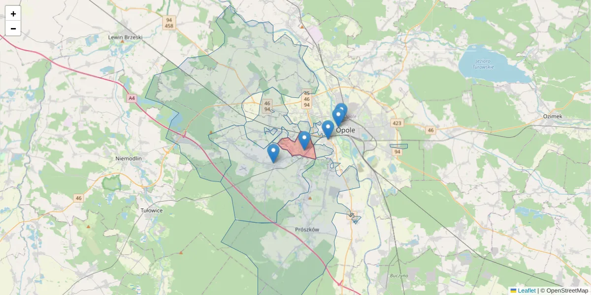 Szczegółowa mapa kodu pocztowego 45-940 z granicami, sąsiednimi kodami pocztowymi i urzędami pocztowymi