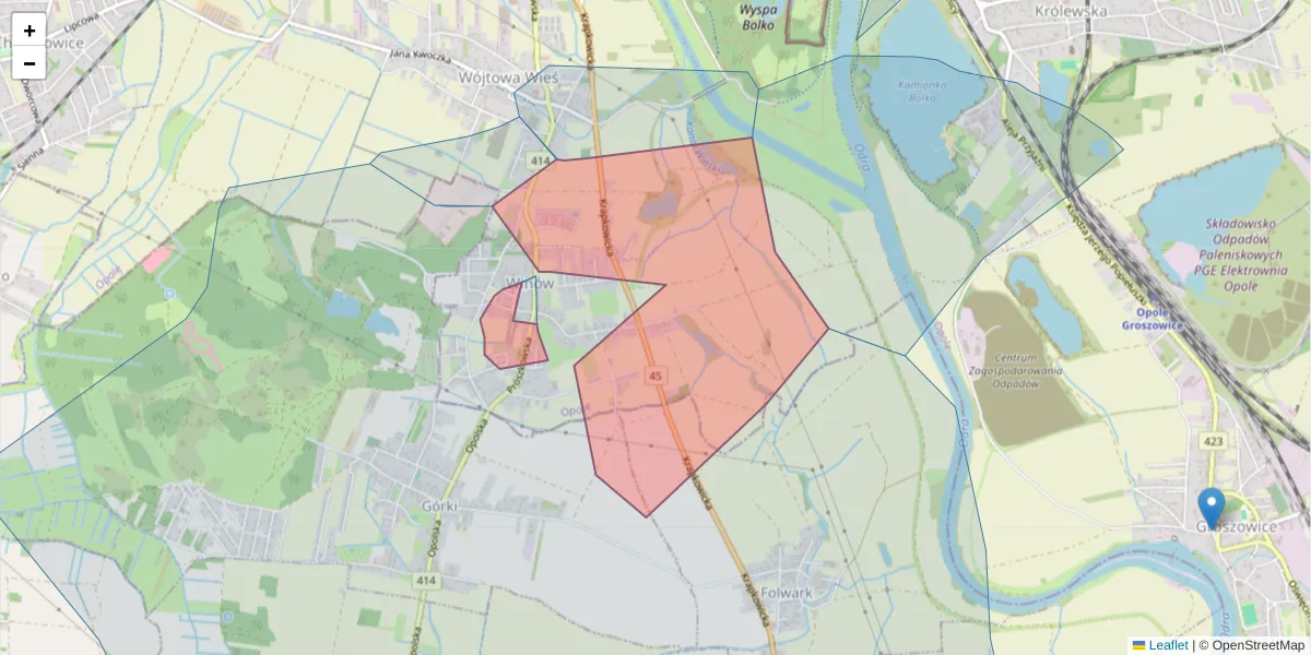 Szczegółowa mapa kodu pocztowego 45-950 z granicami, sąsiednimi kodami pocztowymi i urzędami pocztowymi