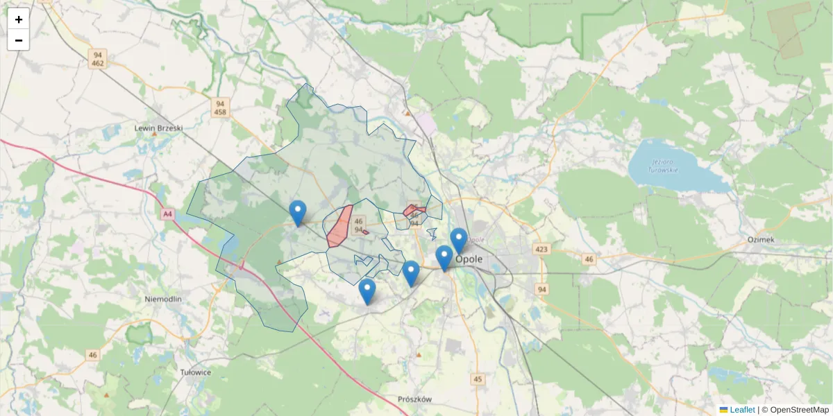 Szczegółowa mapa kodu pocztowego 45-960 z granicami, sąsiednimi kodami pocztowymi i urzędami pocztowymi
