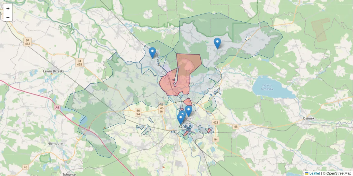 Szczegółowa mapa kodu pocztowego 46-020 z granicami, sąsiednimi kodami pocztowymi i urzędami pocztowymi
