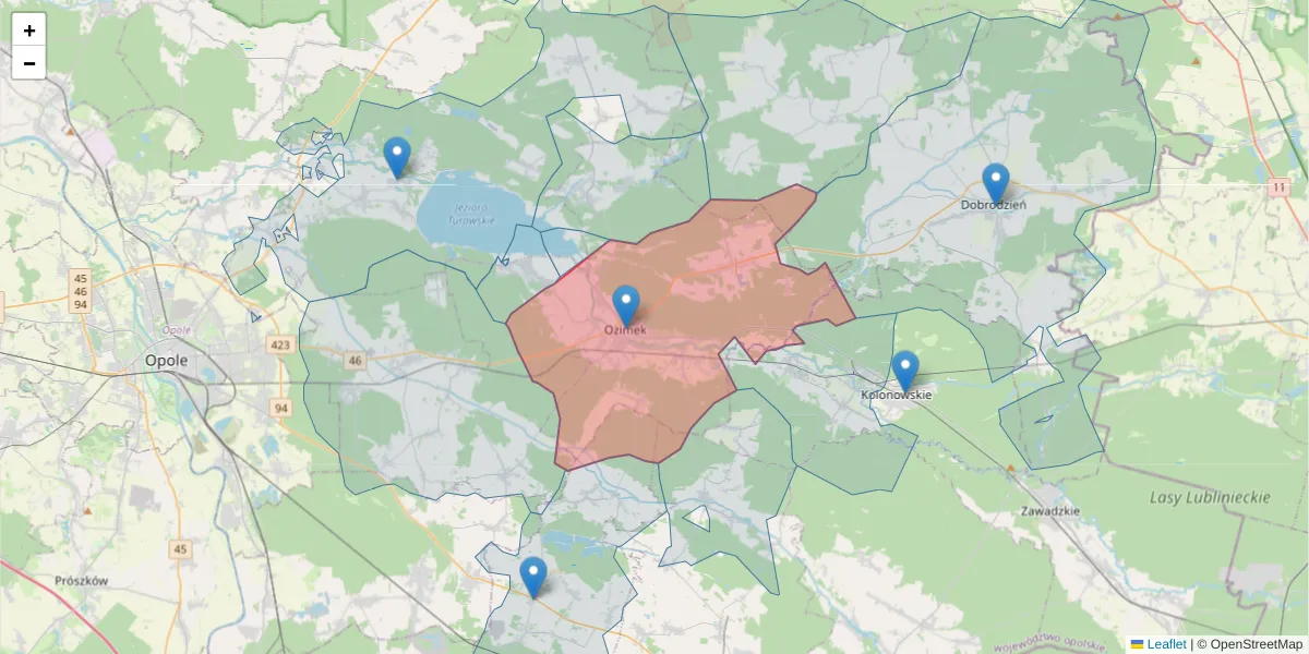 Szczegółowa mapa kodu pocztowego 46-040 z granicami, sąsiednimi kodami pocztowymi i urzędami pocztowymi