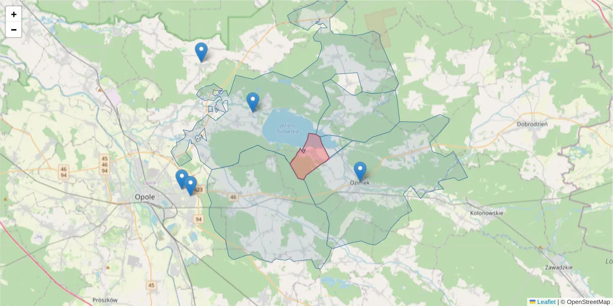 Szczegółowa mapa kodu pocztowego 46-042 z granicami, sąsiednimi kodami pocztowymi i urzędami pocztowymi