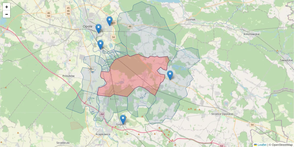 Szczegółowa mapa kodu pocztowego 46-050 z granicami, sąsiednimi kodami pocztowymi i urzędami pocztowymi