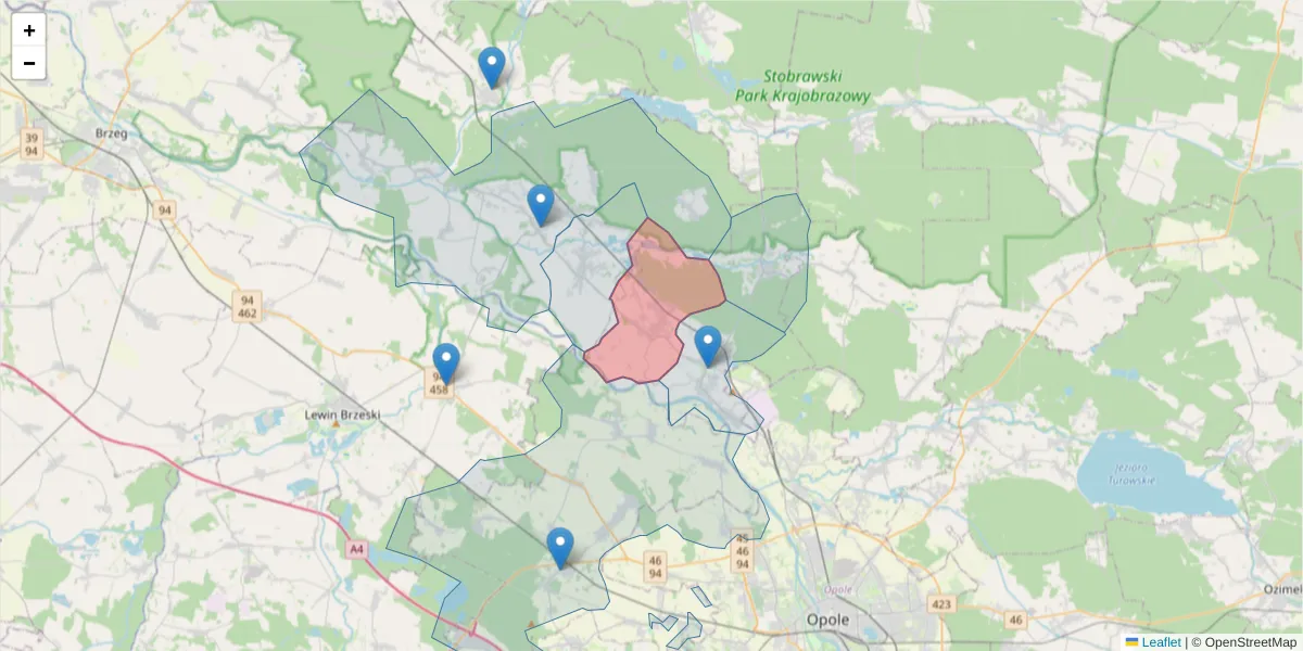 Szczegółowa mapa kodu pocztowego 46-080 z granicami, sąsiednimi kodami pocztowymi i urzędami pocztowymi