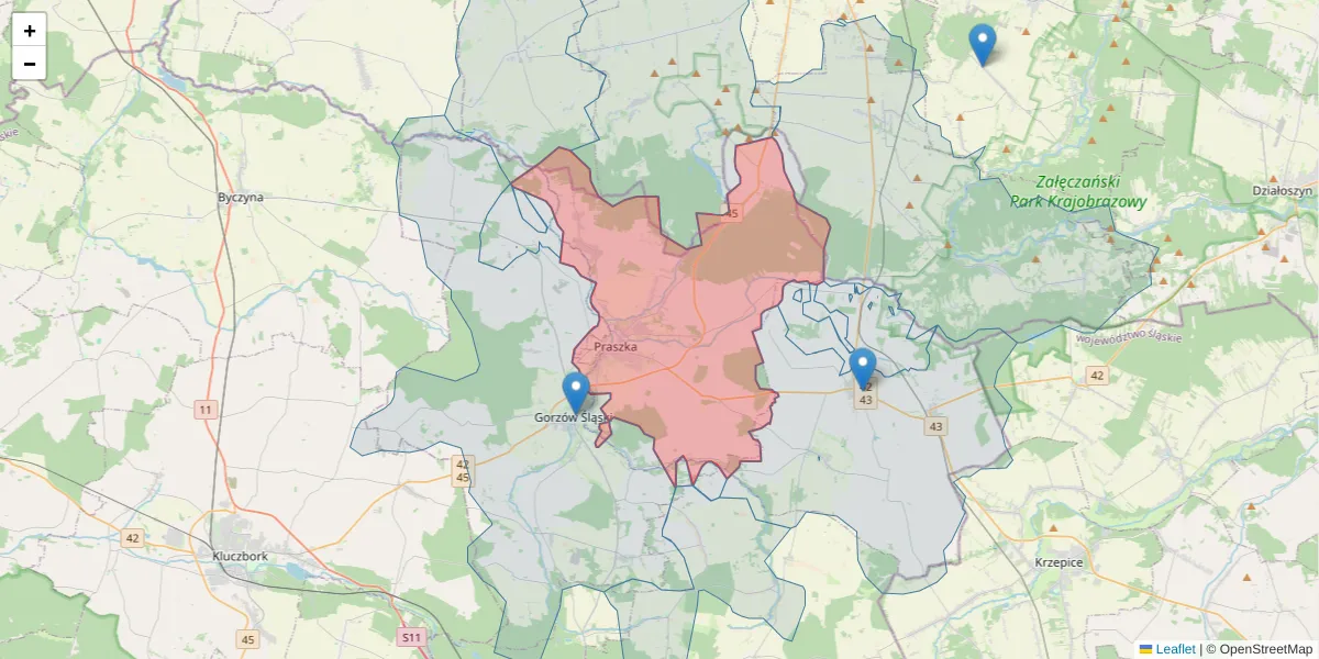 Szczegółowa mapa kodu pocztowego 46-320 z granicami, sąsiednimi kodami pocztowymi i urzędami pocztowymi