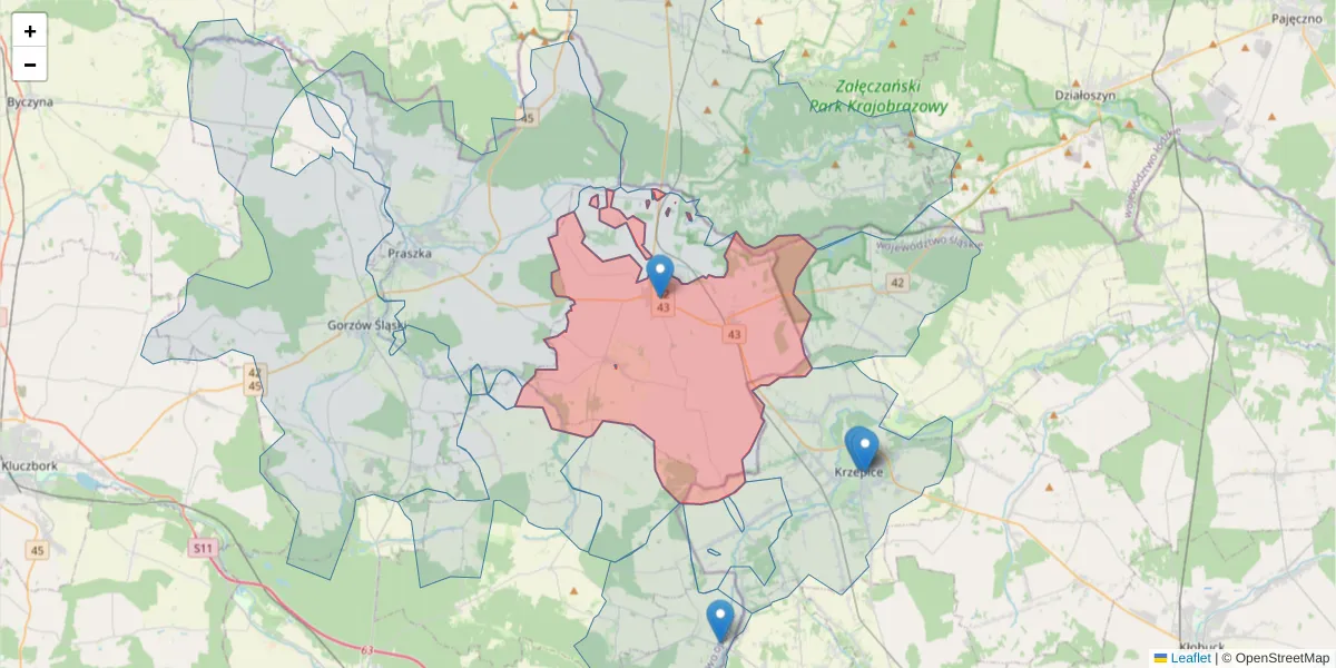 Szczegółowa mapa kodu pocztowego 46-325 z granicami, sąsiednimi kodami pocztowymi i urzędami pocztowymi