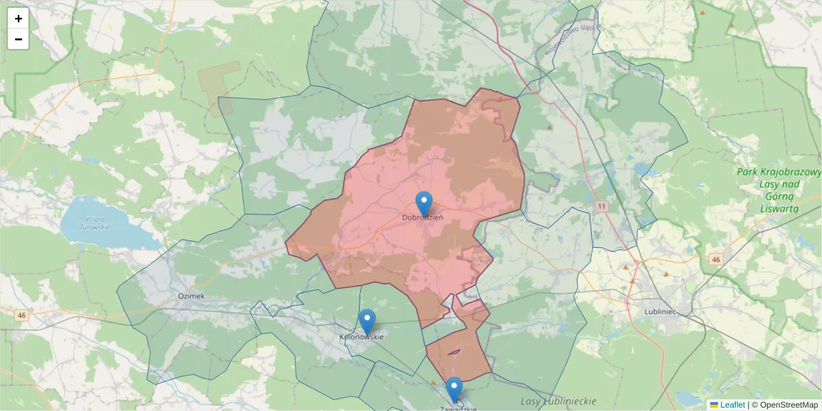 Szczegółowa mapa kodu pocztowego 46-380 z granicami, sąsiednimi kodami pocztowymi i urzędami pocztowymi
