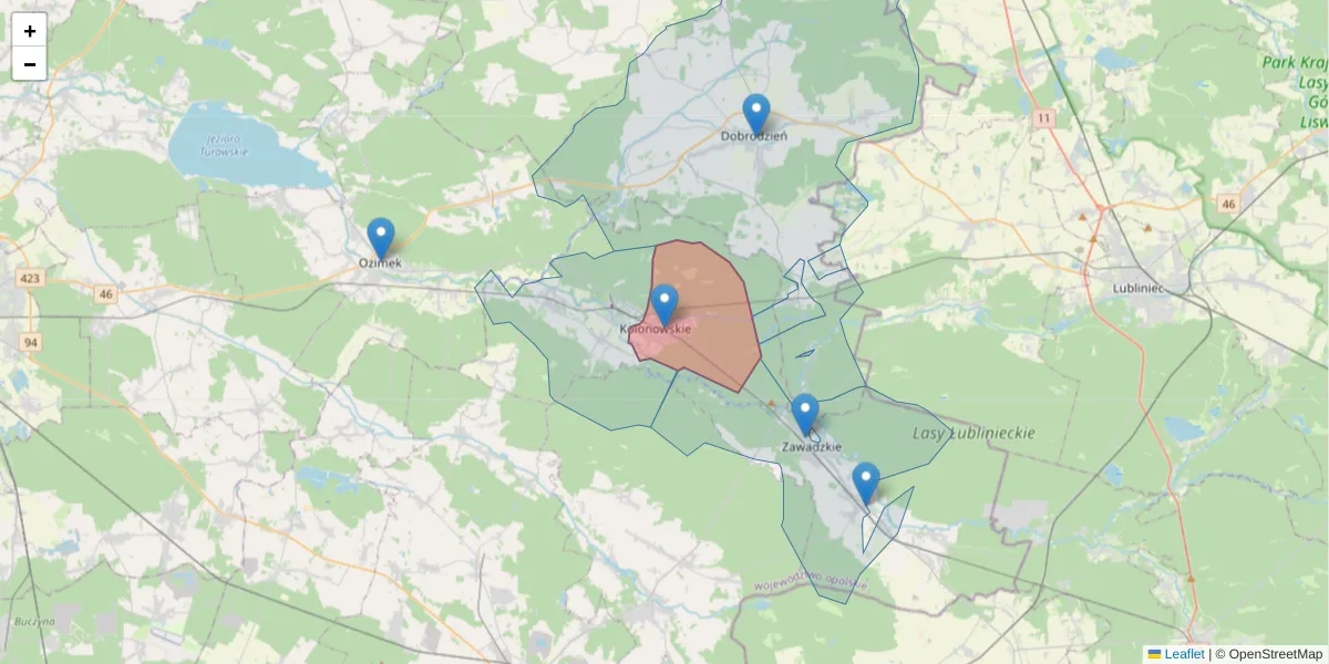 Szczegółowa mapa kodu pocztowego 47-110 z granicami, sąsiednimi kodami pocztowymi i urzędami pocztowymi
