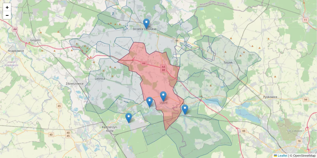 Szczegółowa mapa kodu pocztowego 47-143 z granicami, sąsiednimi kodami pocztowymi i urzędami pocztowymi