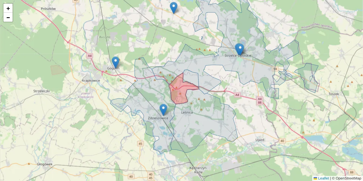Szczegółowa mapa kodu pocztowego 47-154 z granicami, sąsiednimi kodami pocztowymi i urzędami pocztowymi