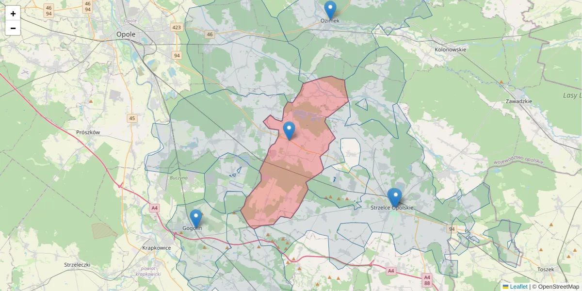 Szczegółowa mapa kodu pocztowego 47-180 z granicami, sąsiednimi kodami pocztowymi i urzędami pocztowymi