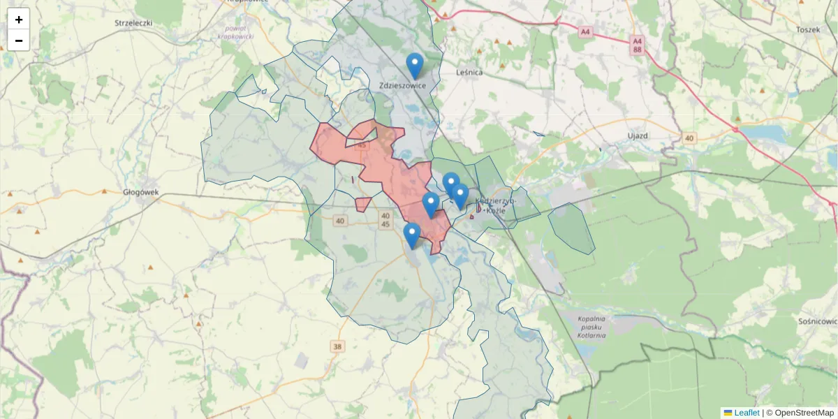 Szczegółowa mapa kodu pocztowego 47-200 z granicami, sąsiednimi kodami pocztowymi i urzędami pocztowymi