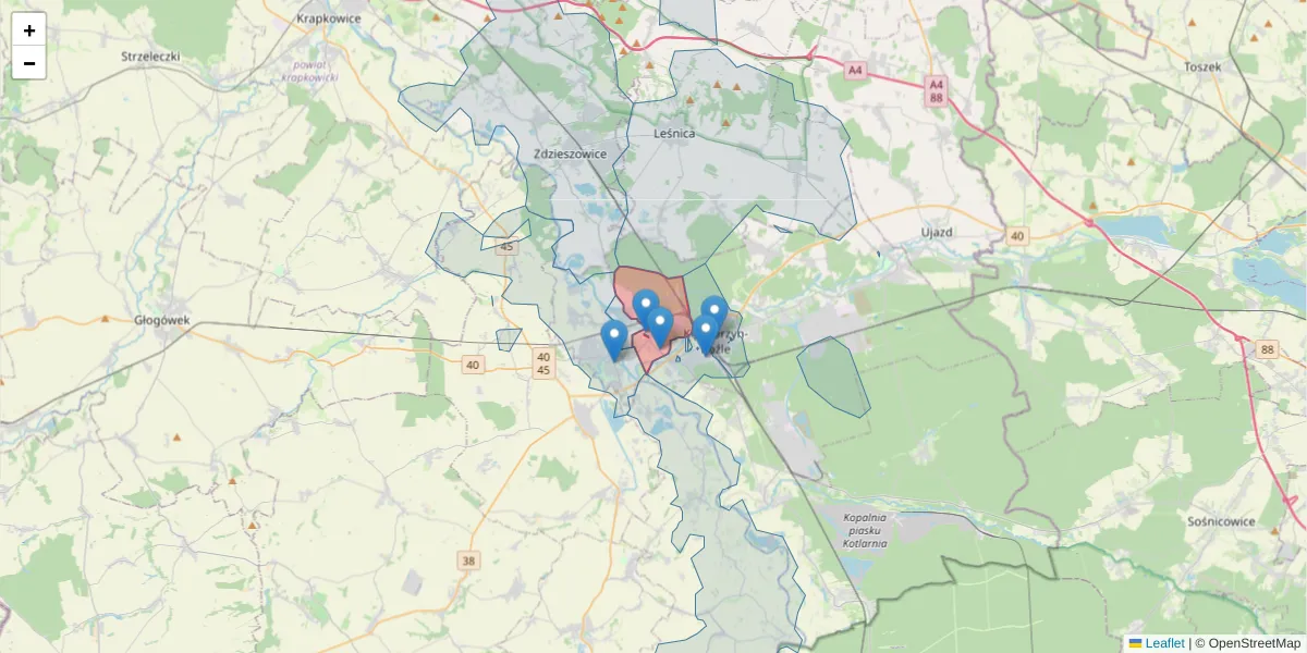 Szczegółowa mapa kodu pocztowego 47-206 z granicami, sąsiednimi kodami pocztowymi i urzędami pocztowymi