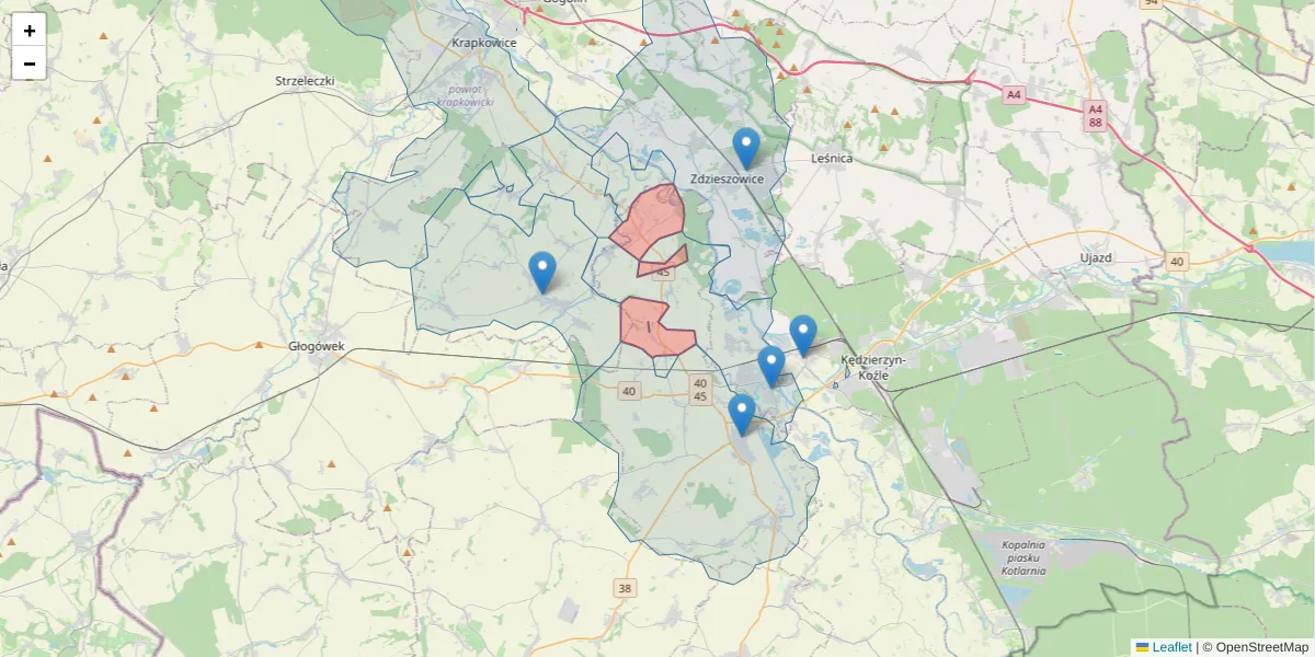 Szczegółowa mapa kodu pocztowego 47-214 z granicami, sąsiednimi kodami pocztowymi i urzędami pocztowymi