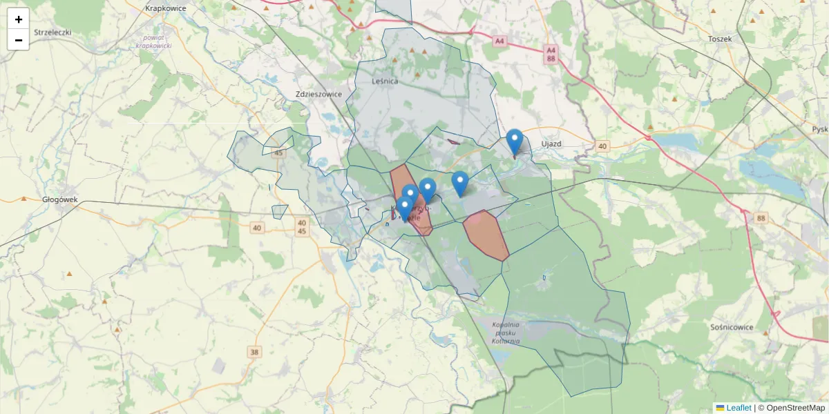 Szczegółowa mapa kodu pocztowego 47-220 z granicami, sąsiednimi kodami pocztowymi i urzędami pocztowymi