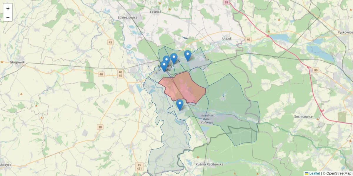 Szczegółowa mapa kodu pocztowego 47-223 z granicami, sąsiednimi kodami pocztowymi i urzędami pocztowymi