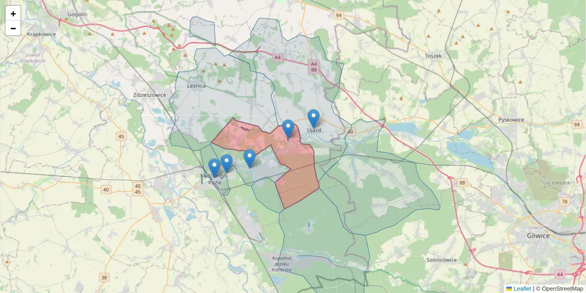 Szczegółowa mapa kodu pocztowego 47-230 z granicami, sąsiednimi kodami pocztowymi i urzędami pocztowymi