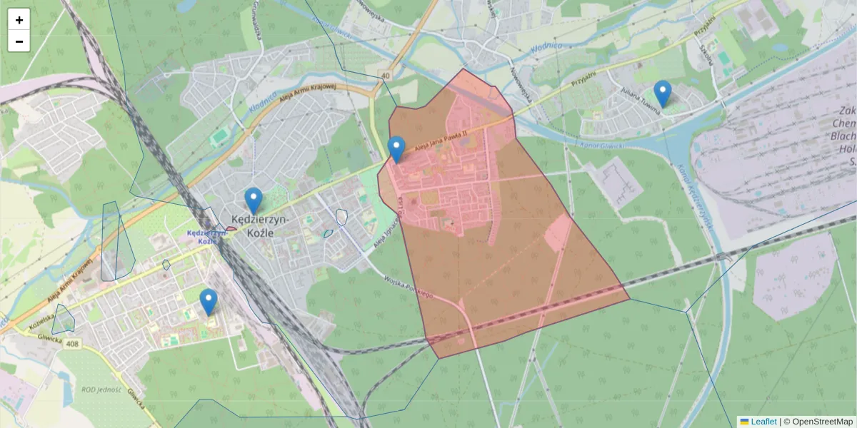Szczegółowa mapa kodu pocztowego 47-232 z granicami, sąsiednimi kodami pocztowymi i urzędami pocztowymi