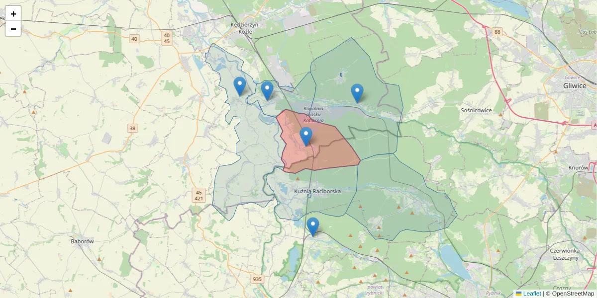 Szczegółowa mapa kodu pocztowego 47-244 z granicami, sąsiednimi kodami pocztowymi i urzędami pocztowymi