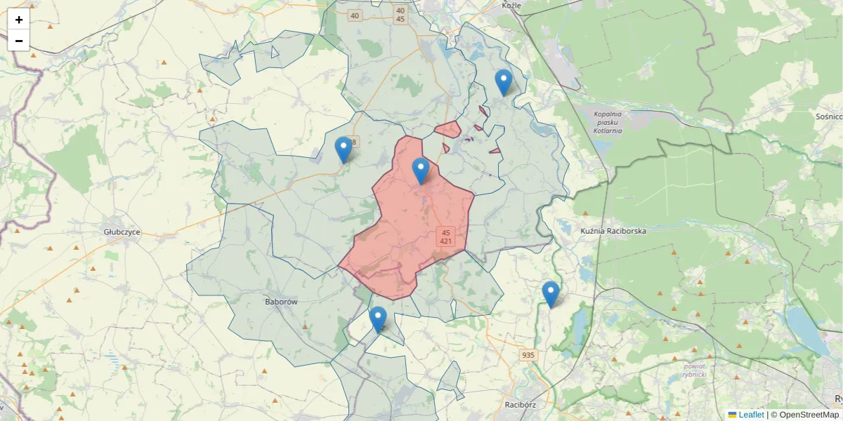 Szczegółowa mapa kodu pocztowego 47-260 z granicami, sąsiednimi kodami pocztowymi i urzędami pocztowymi