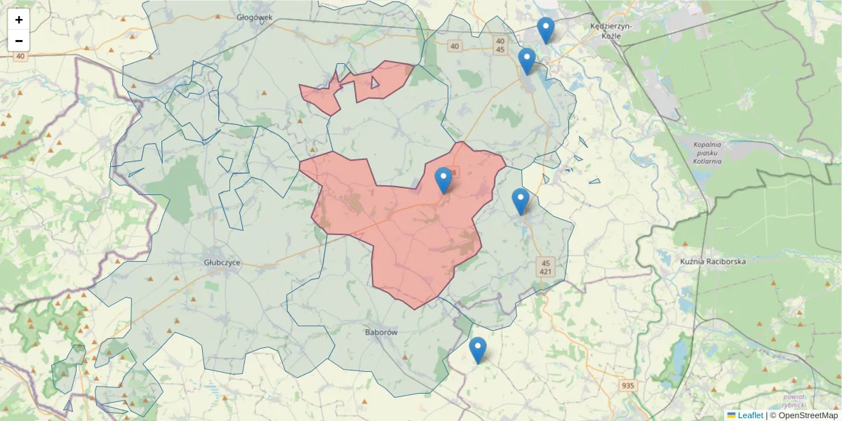 Szczegółowa mapa kodu pocztowego 47-280 z granicami, sąsiednimi kodami pocztowymi i urzędami pocztowymi