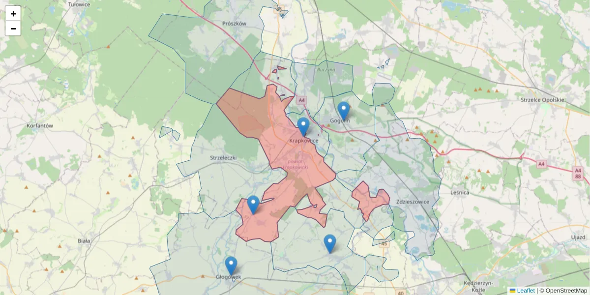 Szczegółowa mapa kodu pocztowego 47-300 z granicami, sąsiednimi kodami pocztowymi i urzędami pocztowymi