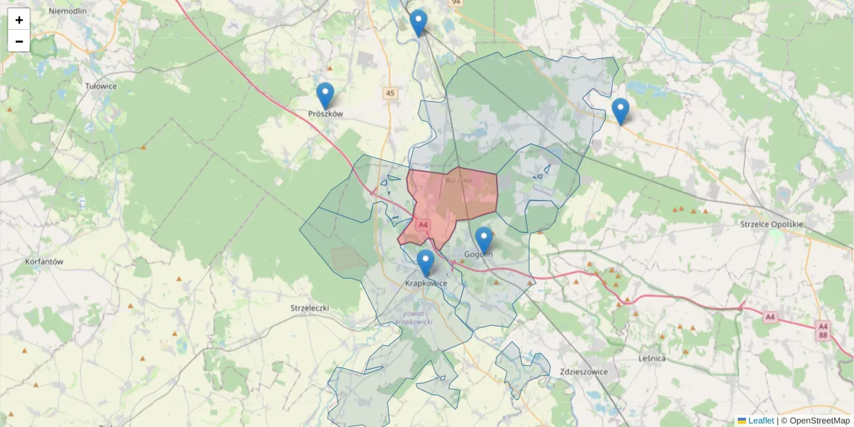 Szczegółowa mapa kodu pocztowego 47-316 z granicami, sąsiednimi kodami pocztowymi i urzędami pocztowymi