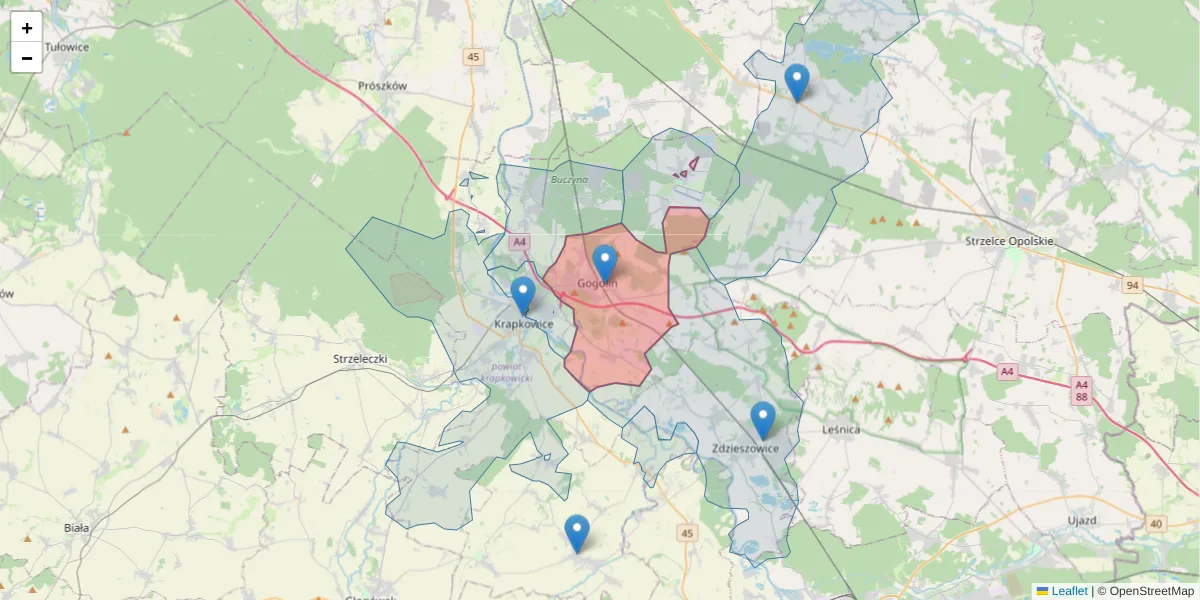 Szczegółowa mapa kodu pocztowego 47-320 z granicami, sąsiednimi kodami pocztowymi i urzędami pocztowymi