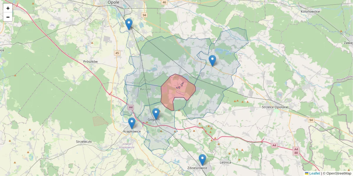 Szczegółowa mapa kodu pocztowego 47-325 z granicami, sąsiednimi kodami pocztowymi i urzędami pocztowymi