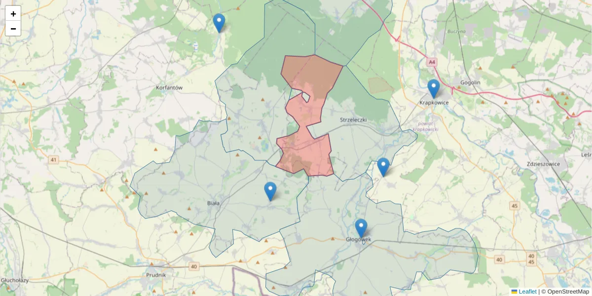 Szczegółowa mapa kodu pocztowego 47-370 z granicami, sąsiednimi kodami pocztowymi i urzędami pocztowymi