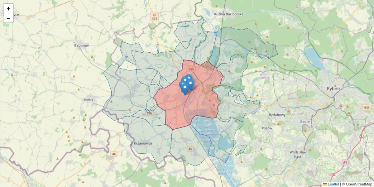 Szczegółowa mapa kodu pocztowego 47-400 z granicami, sąsiednimi kodami pocztowymi i urzędami pocztowymi