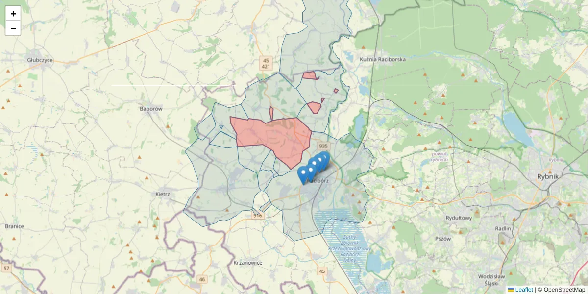 Szczegółowa mapa kodu pocztowego 47-411 z granicami, sąsiednimi kodami pocztowymi i urzędami pocztowymi