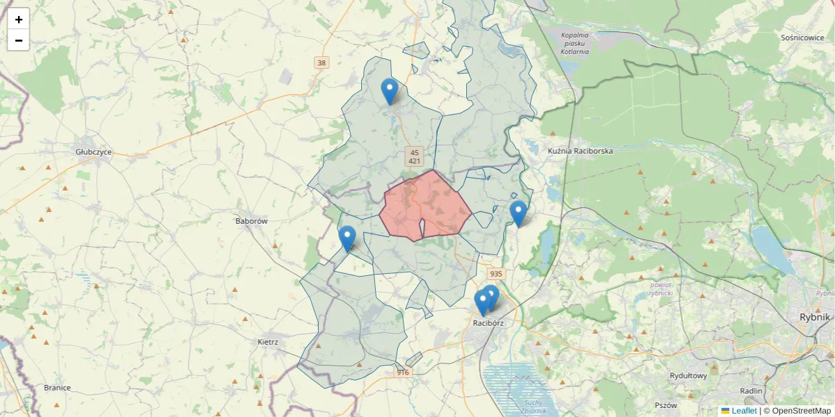 Szczegółowa mapa kodu pocztowego 47-415 z granicami, sąsiednimi kodami pocztowymi i urzędami pocztowymi
