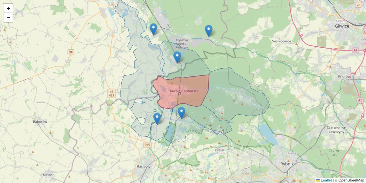 Szczegółowa mapa kodu pocztowego 47-420 z granicami, sąsiednimi kodami pocztowymi i urzędami pocztowymi