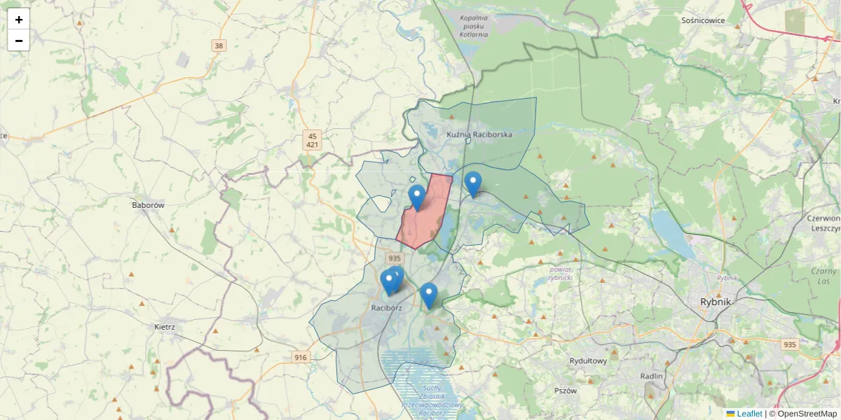 Szczegółowa mapa kodu pocztowego 47-442 z granicami, sąsiednimi kodami pocztowymi i urzędami pocztowymi