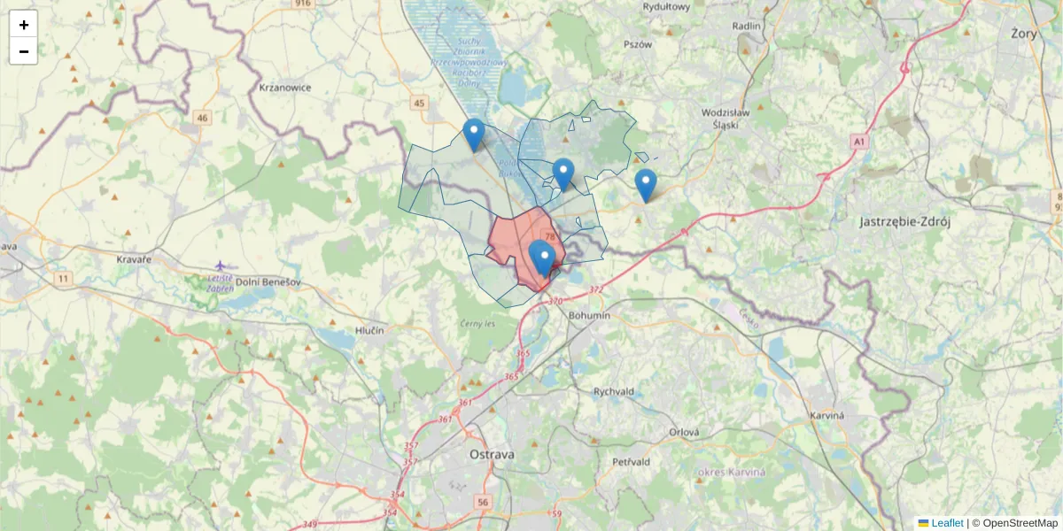 Szczegółowa mapa kodu pocztowego 47-460 z granicami, sąsiednimi kodami pocztowymi i urzędami pocztowymi