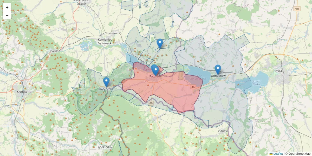 Szczegółowa mapa kodu pocztowego 48-370 z granicami, sąsiednimi kodami pocztowymi i urzędami pocztowymi