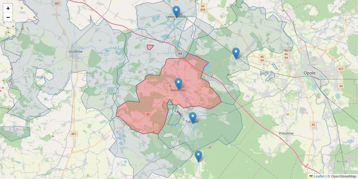 Szczegółowa mapa kodu pocztowego 49-100 z granicami, sąsiednimi kodami pocztowymi i urzędami pocztowymi