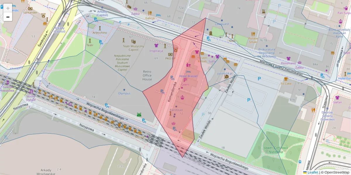 Szczegółowa mapa kodu pocztowego 50-022 z granicami, sąsiednimi kodami pocztowymi i urzędami pocztowymi