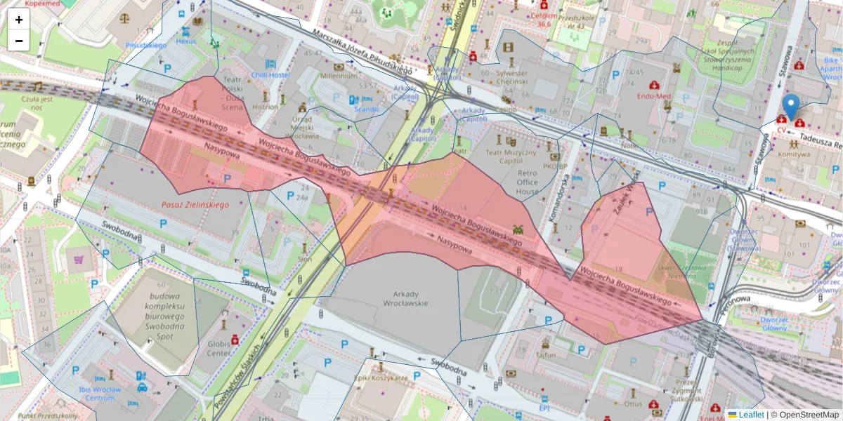 Szczegółowa mapa kodu pocztowego 50-023 z granicami, sąsiednimi kodami pocztowymi i urzędami pocztowymi