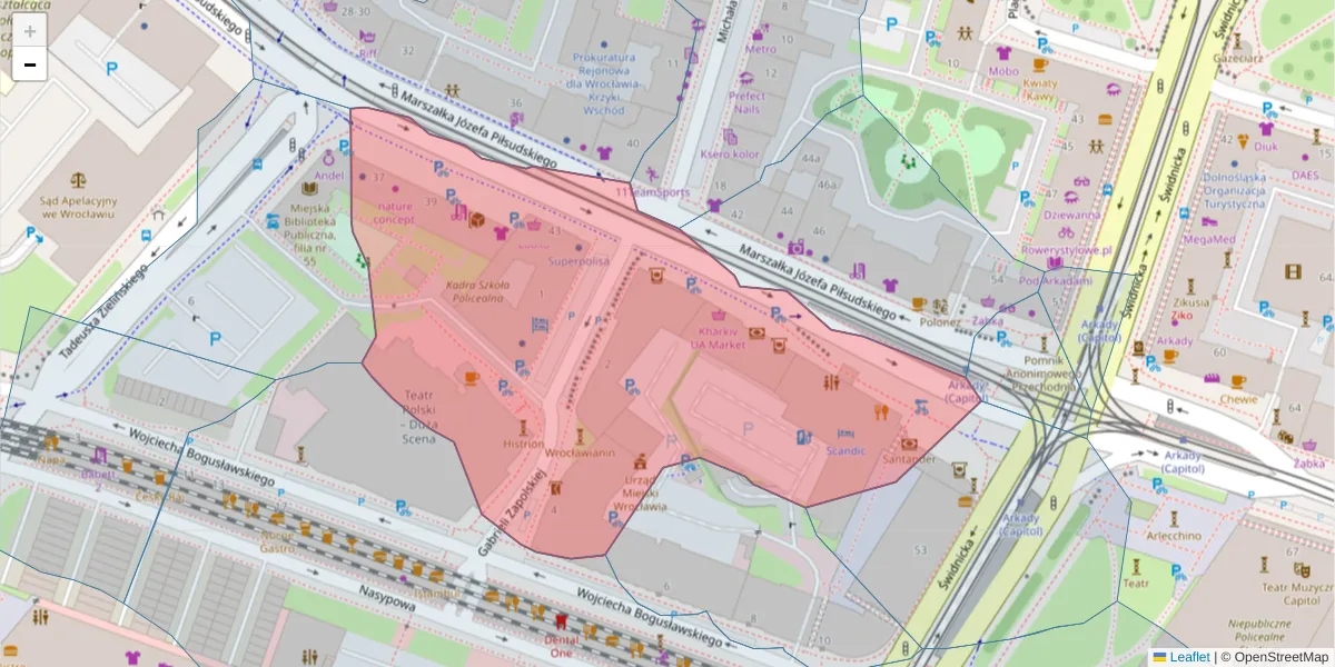 Szczegółowa mapa kodu pocztowego 50-032 z granicami, sąsiednimi kodami pocztowymi i urzędami pocztowymi