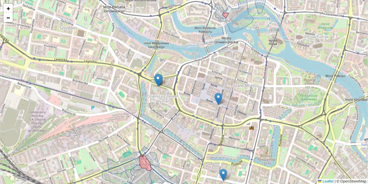 Szczegółowa mapa kodu pocztowego 50-045 z granicami, sąsiednimi kodami pocztowymi i urzędami pocztowymi
