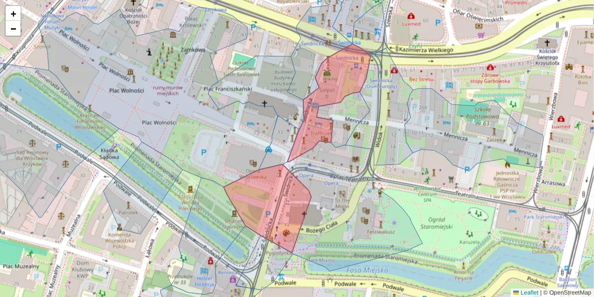 Szczegółowa mapa kodu pocztowego 50-068 z granicami, sąsiednimi kodami pocztowymi i urzędami pocztowymi