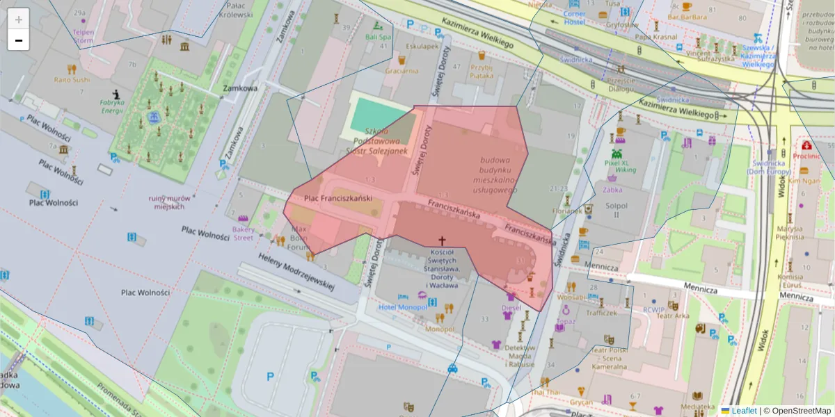 Szczegółowa mapa kodu pocztowego 50-070 z granicami, sąsiednimi kodami pocztowymi i urzędami pocztowymi